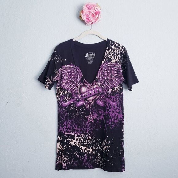Sinful Black and Purple Leopard Print Rhinestone V-neck Tee - Picture 1 of 6